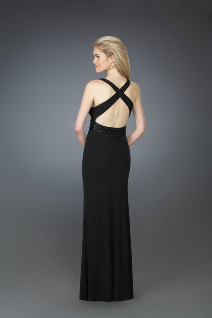 Picture of: V Neck Prom Dress with Beaded Belt and Low Back in Black, Style: 14153, Back Picture