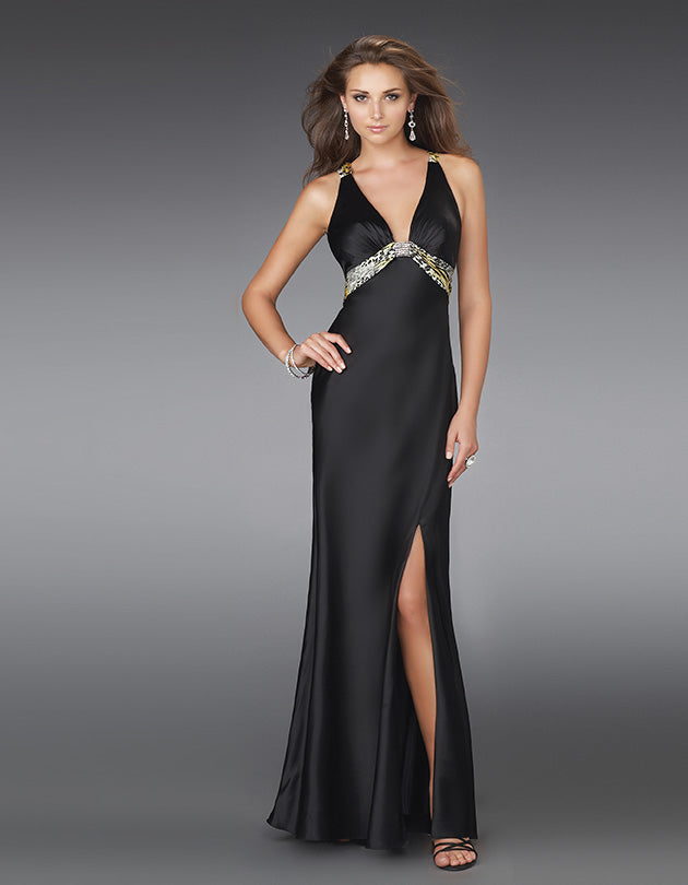 Picture of: Low V Neck Dress with Thigh High Slit and Printed Belt in Black, Style: 14196, Main Picture