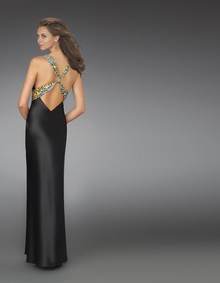 Picture of: Low V Neck Dress with Thigh High Slit and Printed Belt in Black, Style: 14196, Back Picture