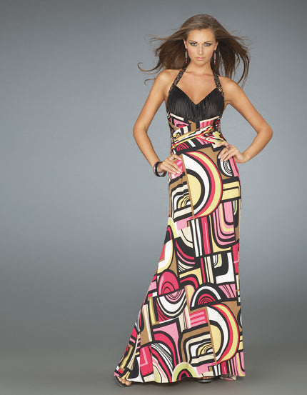 Picture of: Long Halter Prom Dress with Printed Skirt and Pleats in Multi, Style: 14283, Main Picture
