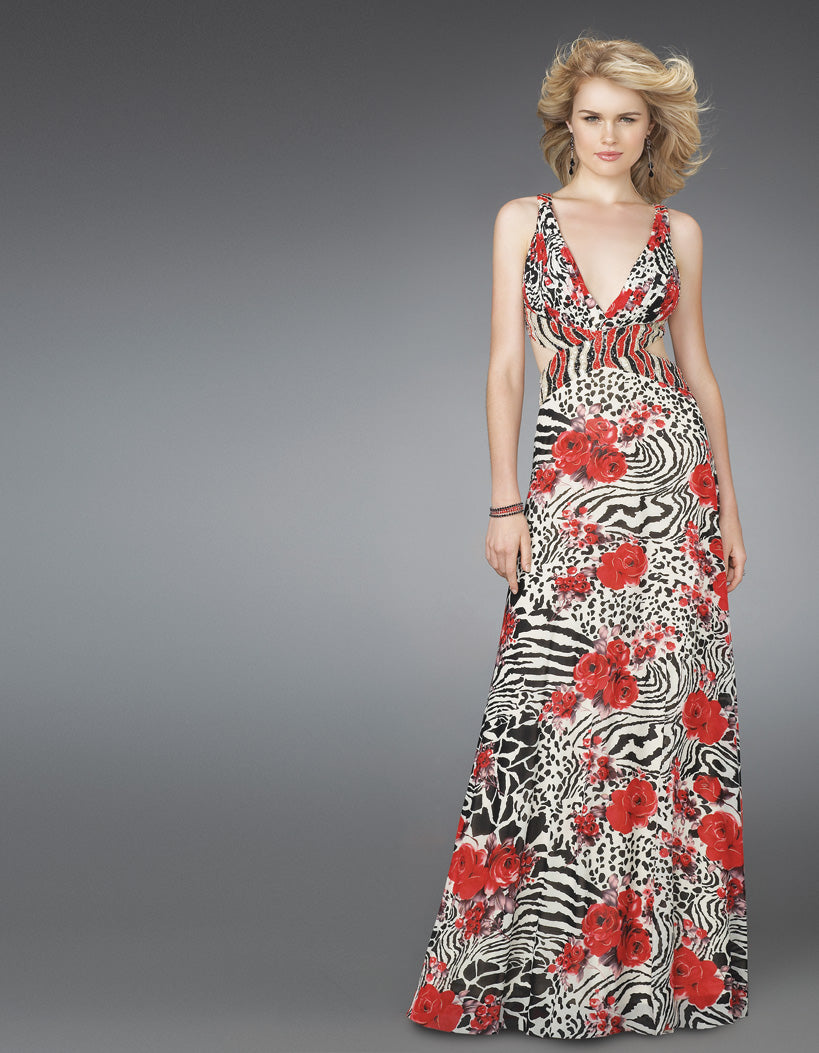 Picture of: Long Printed V Neck Prom Dress with Cut Outs in Multi, Style: 14396, Main Picture