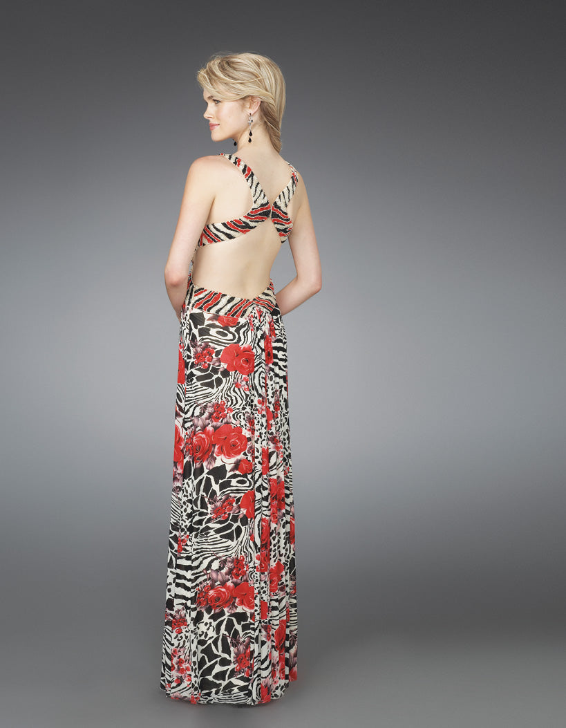 Picture of: Long Printed V Neck Prom Dress with Cut Outs in Multi, Style: 14396, Back Picture