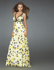 Picture of: Long Printed Halter Gown with Criss Cross Detailing in Yellow, Style: 14403, Detail Picture 1