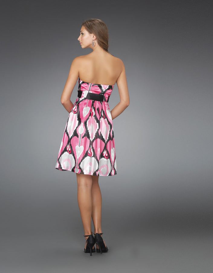 Picture of: Short Strapless Printed Cocktail Dress with Gathered Bodice in Multi, Style: 14424, Back Picture