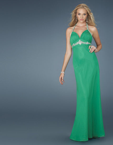 Picture of: Halter Prom Gown with Beaded Straps and Belt in Green, Style: 14452, Main Picture