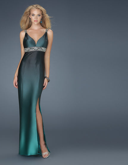 Picture of: V Neck Dress with Beaded Straps, Belt, and Open Back in Green, Style: 14456, Main Picture