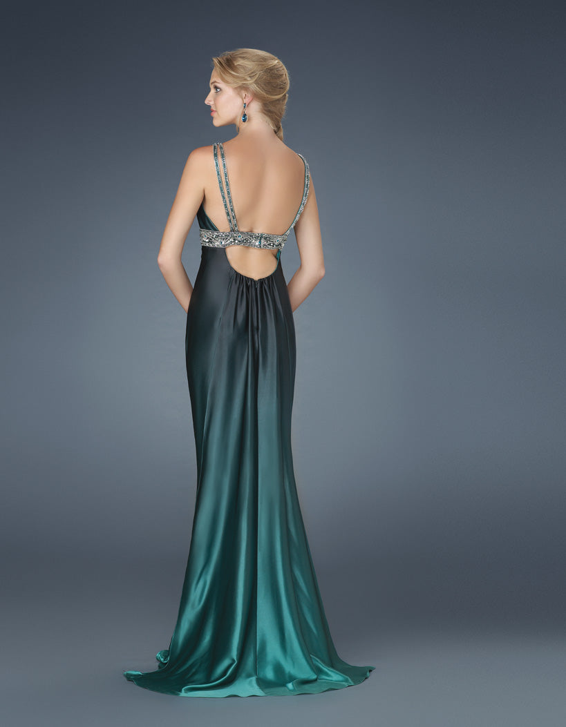 Picture of: V Neck Dress with Beaded Straps, Belt, and Open Back in Green, Style: 14456, Back Picture