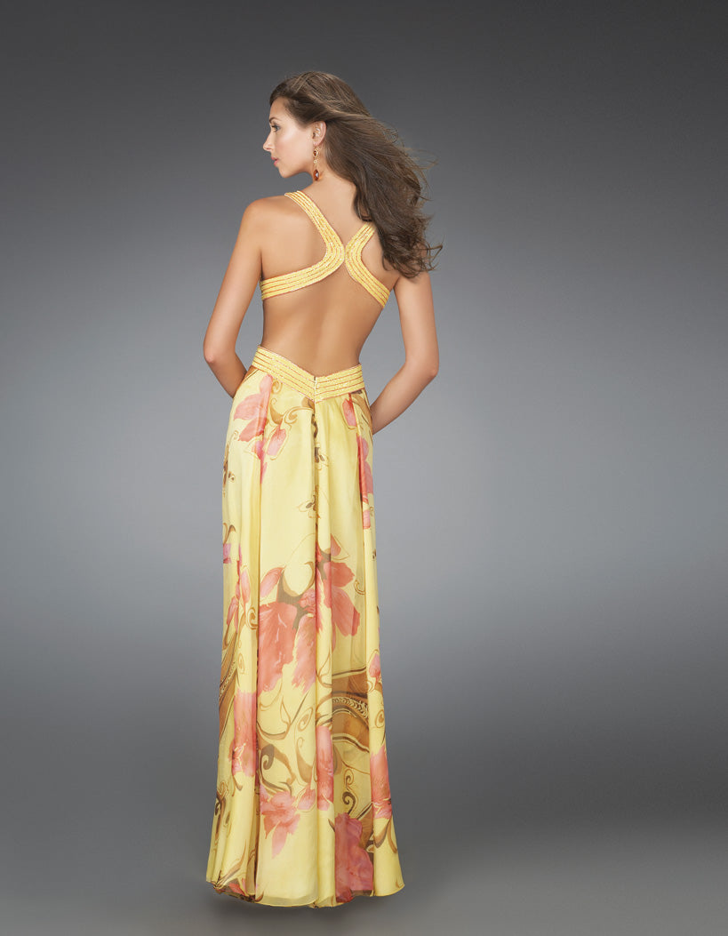 Picture of: Long Printed Prom Gown with Cut Outs and Open Back in Yellow, Style: 14529, Back Picture