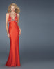 Picture of: Beaded Bodice Low V Neck Halter Prom Dress in Red, Style: 14568, Main Picture