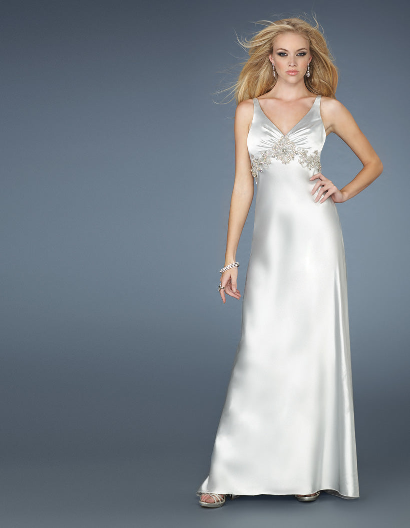 Picture of: Long Prom Dress with V Neckline and Empire Waist Belt in White, Style: 14710, Main Picture