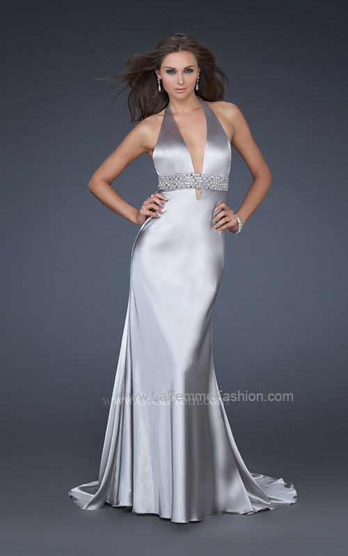 Picture of: Halter Neck Deep V Prom Gown with Beaded Belt and Train in Silver, Style: 14743, Main Picture