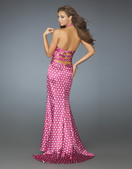 Picture of: Deep V Halter Gown with Across the Back Straps in Pink, Style: 14763, Back Picture