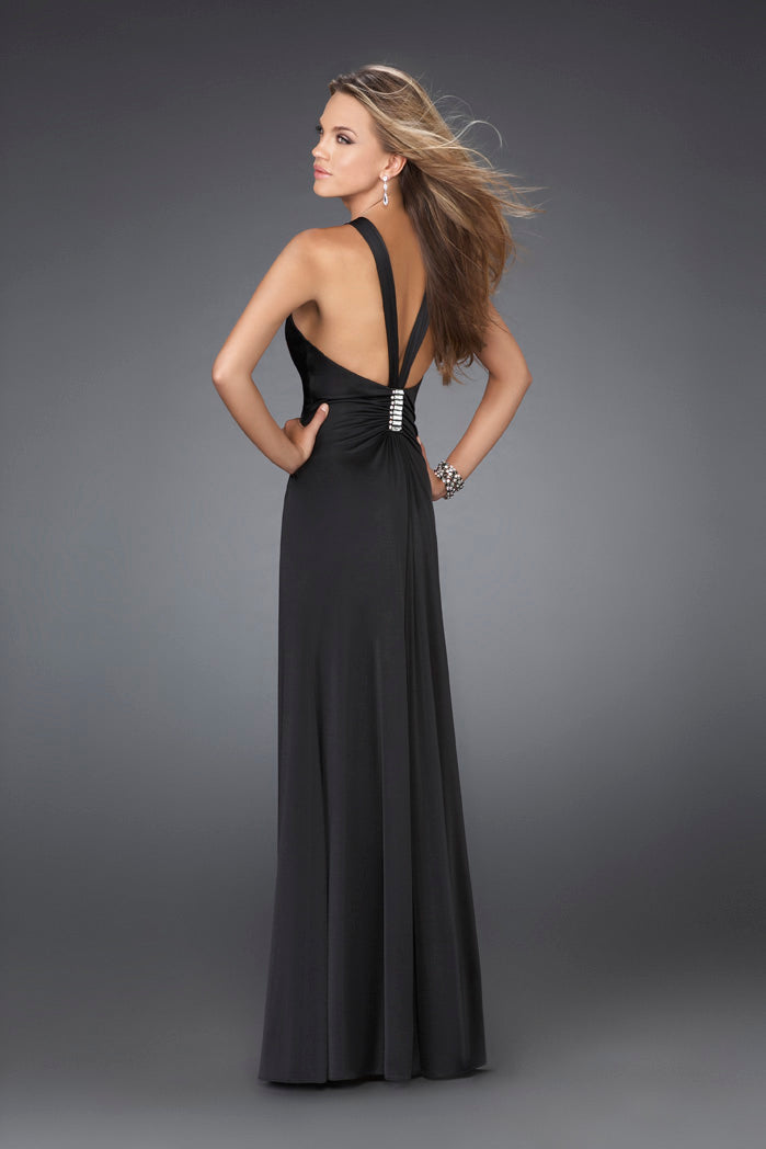 Picture of: Long Jersey Prom Dress with Ruching and Broach in Black, Style: 14925, Back Picture