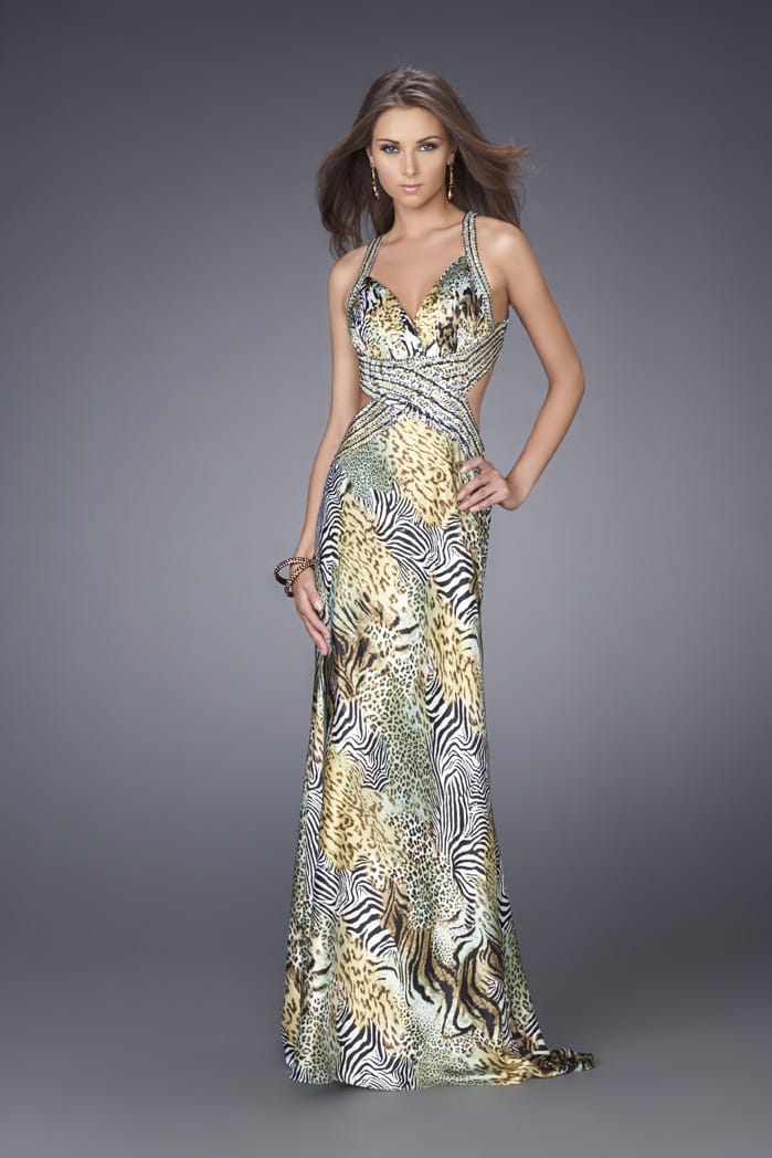 Picture of: Multi Animal Print Dress with Beaded X Back in Yellow, Style: 14992, Main Picture