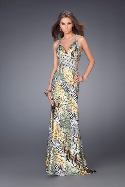 Picture of: Multi Animal Print Dress with Beaded X Back in Yellow, Style: 14992, Main Picture