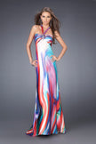 Picture of: Multi Color Print Gown with Broach and V Back Straps in Multi, Style: 15025, Main Picture