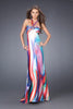 Picture of: Multi Color Print Gown with Broach and V Back Straps in Multi, Style: 15025, Main Picture