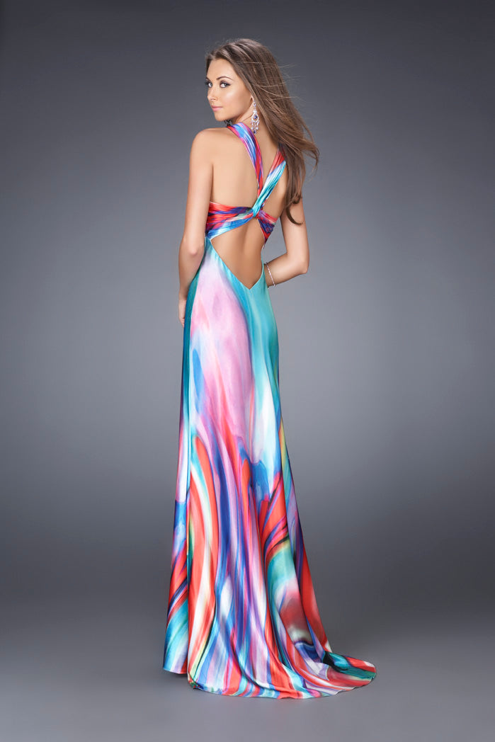 Picture of: Multi Color Print Gown with Broach and V Back Straps in Multi, Style: 15025, Back Picture
