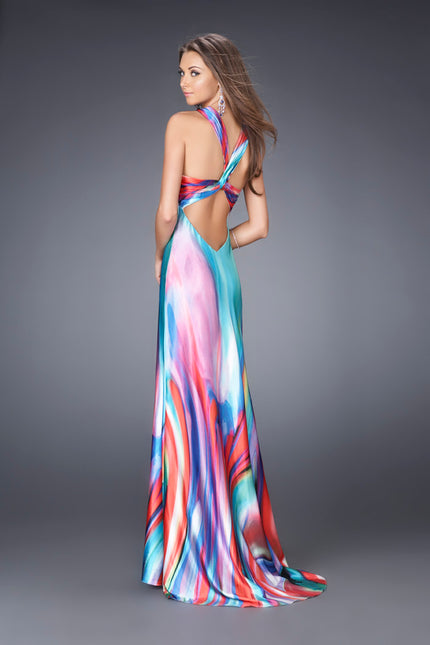 Picture of: Multi Color Print Gown with Broach and V Back Straps in Multi, Style: 15025, Back Picture