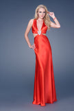 Picture of: Satin Deep V Gown with Cut Outs and Open Back in Red, Style: 15037, Main Picture