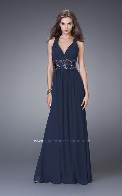 Picture of: Halter Prom Gown with Gathered Waist and X Back in Navy, Style: 15064, Main Picture