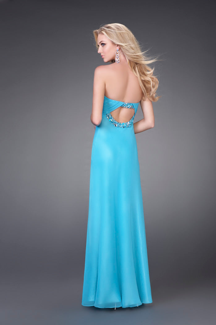 Picture of: Strapless Prom Gown with Cluster Beading and Cut Outs in Aqua, Style: 15081, Back Picture