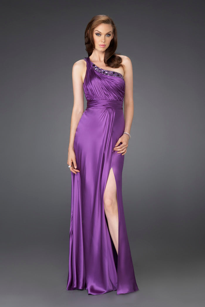 Picture of: One Shoulder Gown with Beading and Pleated Bodice in Purple, Style: 15158, Main Picture
