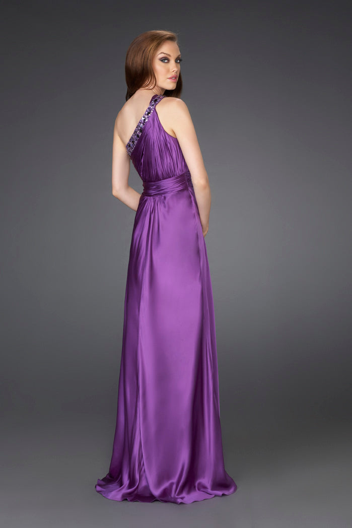 Picture of: One Shoulder Gown with Beading and Pleated Bodice in Purple, Style: 15158, Back Picture