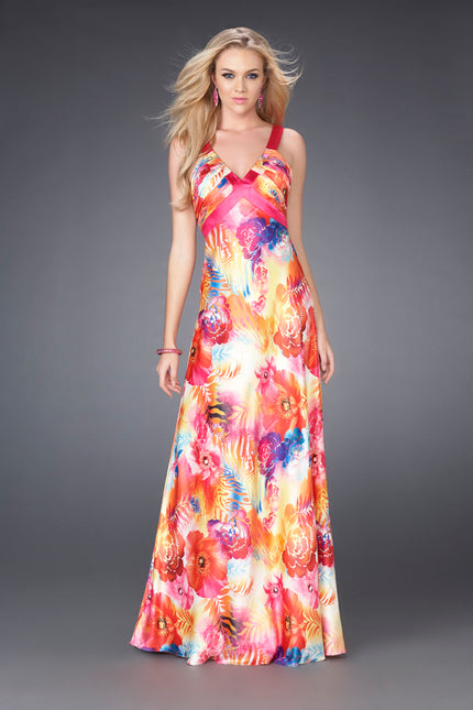 Picture of: Bright Floral Print Prom Gown with X Back in Multi, Style: 15178, Main Picture