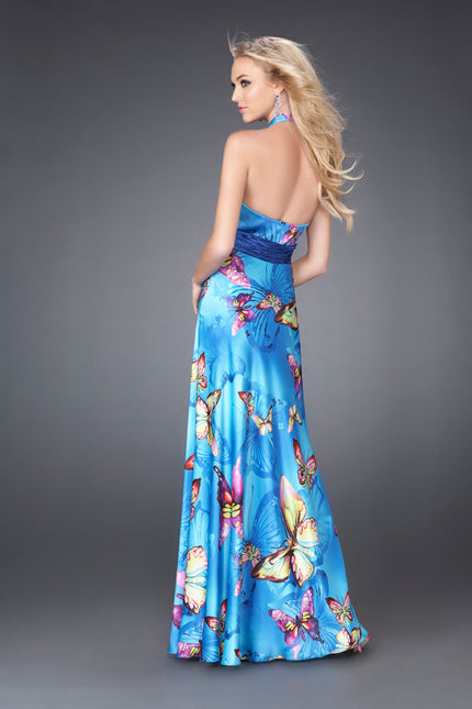 Picture of: Butterfly Print Long Halter Satin Prom Dress in Blue Multi, Style: 15228, Back Picture