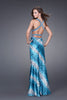 Picture of: Leopard Print Gown with Cut Out Sides and Beaded Straps in Blue, Style: 15349, Main Picture