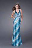 Picture of: Leopard Print Gown with Cut Out Sides and Beaded Straps in Blue, Style: 15349, Back Picture