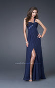 Picture of: Ruched Bust Gown with Floral Strap and Slit in Navy, Style: 15361, Detail Picture 4