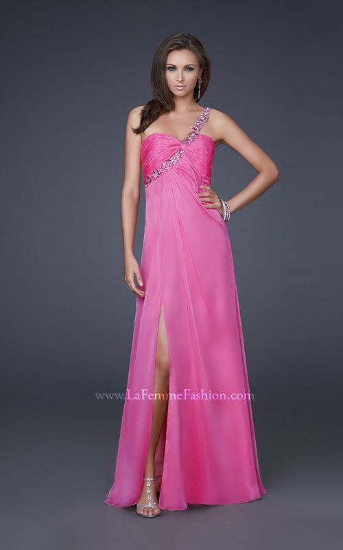 Picture of: Ruched Bust Gown with Floral Strap and Slit in Pink, Style: 15361, Detail Picture 5