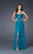 Picture of: Ruched Bust Gown with Floral Strap and Slit in Teal, Style: 15361, Detail Picture 6