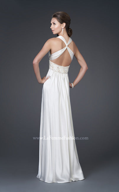 Picture of: V Neckline Gown with Pleated Bust and Beading in White, Style: 15418, Back Picture