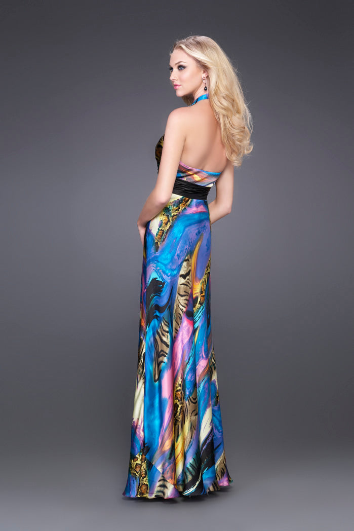 Picture of: Sleek Halter Prom Gown with Beaded V Neckline in Multi, Style: 15527, Back Picture