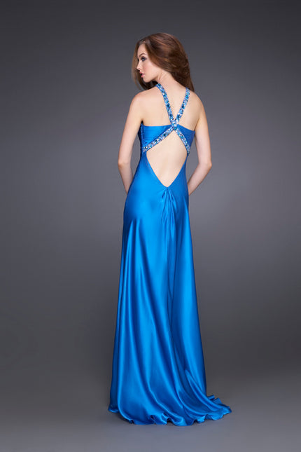Picture of: Sleek Gown with Key Hole Neckline and Open Back in Blue, Style: 15578, Back Picture