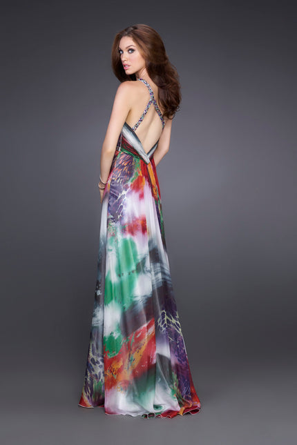 Picture of: Printed Silk Chiffon Dress with One Beaded Shoulder in Multi, Style: 15639, Back Picture