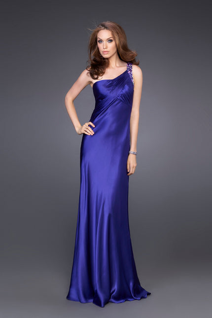 Picture of: Satin One Shoulder Gown with Illusion Back and Floral Detail in Purple, Style: 15683, Main Picture