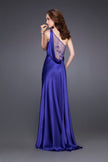Picture of: Satin One Shoulder Gown with Illusion Back and Floral Detail in Purple, Style: 15683, Back Picture