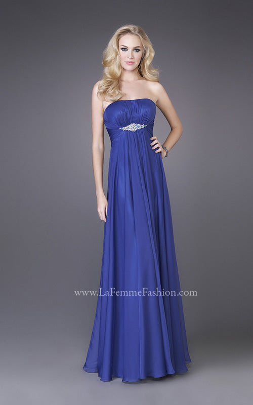 Picture of: Strapless Chiffon Dress with Crystal Broach and Ruching in Blue, Style: 15720, Detail Picture 1