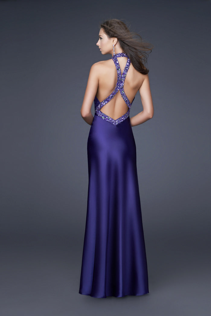 Picture of: Sleek Satin V Neck Prom Dress with Beaded Back in Purple, Style: 15801, Back Picture