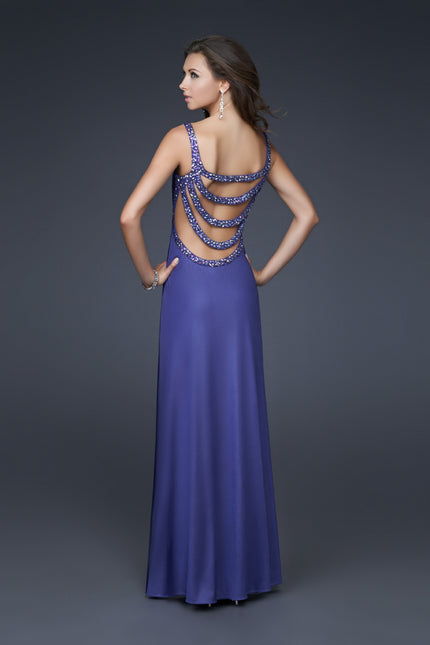 Picture of: Round Neckline Jersey Gown with Beaded Straps in Purple, Style: 16021, Back Picture