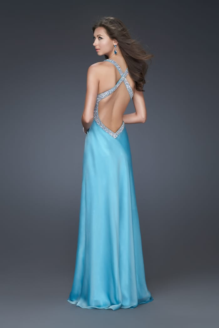 Picture of: Beaded Strap Chiffon Prom Gown with Cut Out Back in Aqua, Style: 16059, Back Picture
