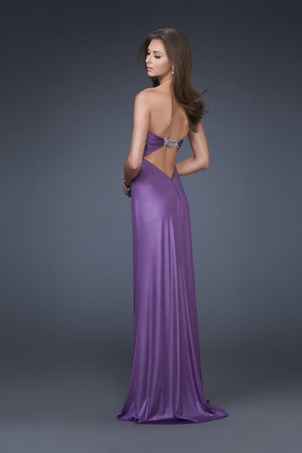 Picture of: Sweetheart Neckline Pleated Gown with Crystal Brooch in Purple, Style: 16087, Back Picture