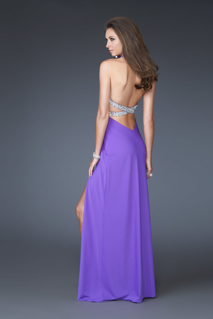 Picture of: Deep V Halter Dress with Embellished Waist and Back in Purple, Style: 16093, Back Picture