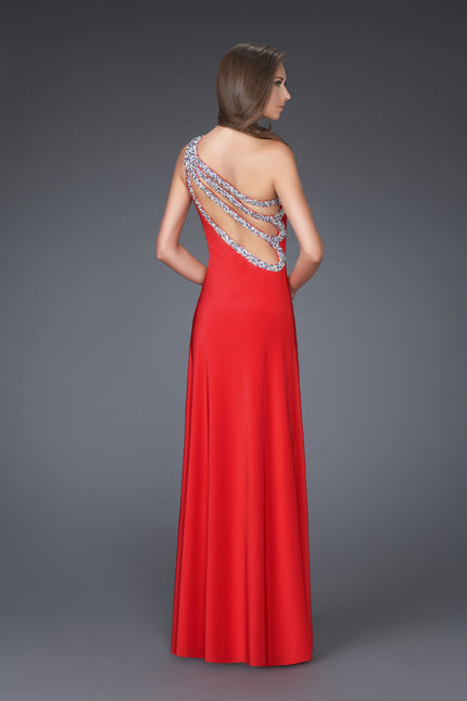 Picture of: One Shoulder Jersey Prom Gown with Beaded Strapsin Red, Style: 16101, Back Picture