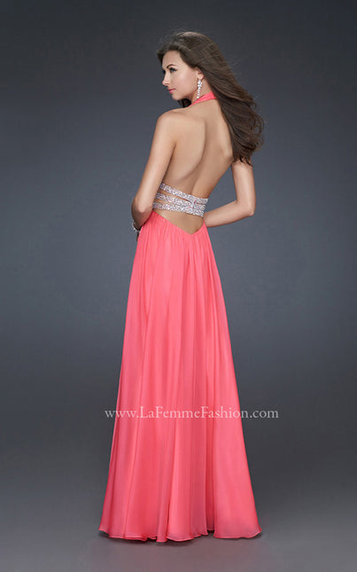Picture of: Chiffon Halter Gown with Fitted Bodice and A-line Skirt in Hot Pink, Style: 16123, Back Picture