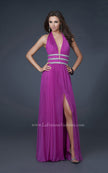 Picture of: Chiffon Halter Gown with Fitted Bodice and A-line Skirt in Purple, Style: 16123, Detail Picture 1